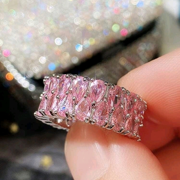 Silver Pear Waterdrop Cut Romantic Pink Cubic Zirconia Ring Sz 8 - Picture 2 of 5